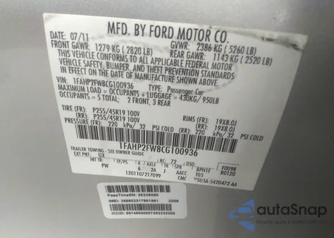 2012 Ford Taurus Limited z USA, uszkodzony, nr VIN 1FAHP2FW8CG100936